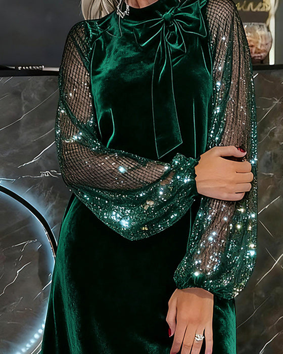 Robe Élégante À Manches Ballon Et Patchwork