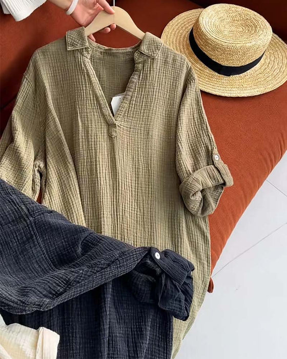 Robe Manches Longues Unie Simple Col Revers