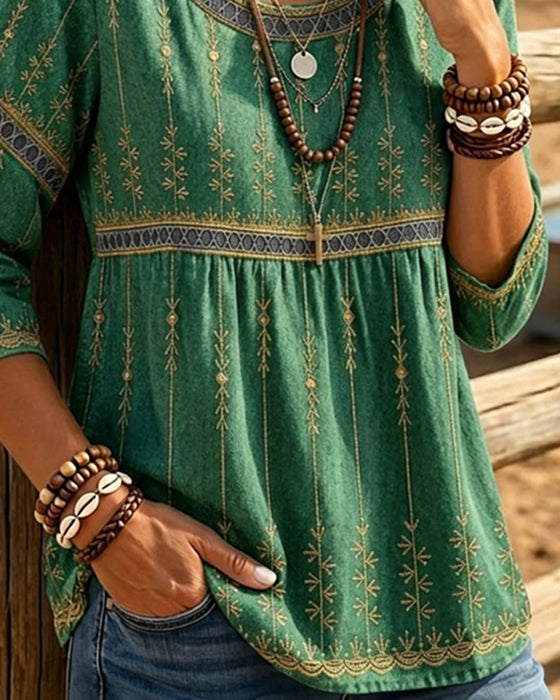 Blouse Col Rond Trois Quarts Manches Retro