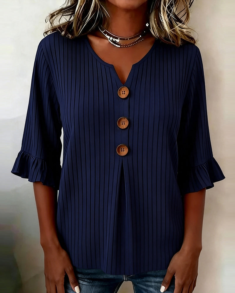 Blouse Manche Cloche Côtes Bouton Bois