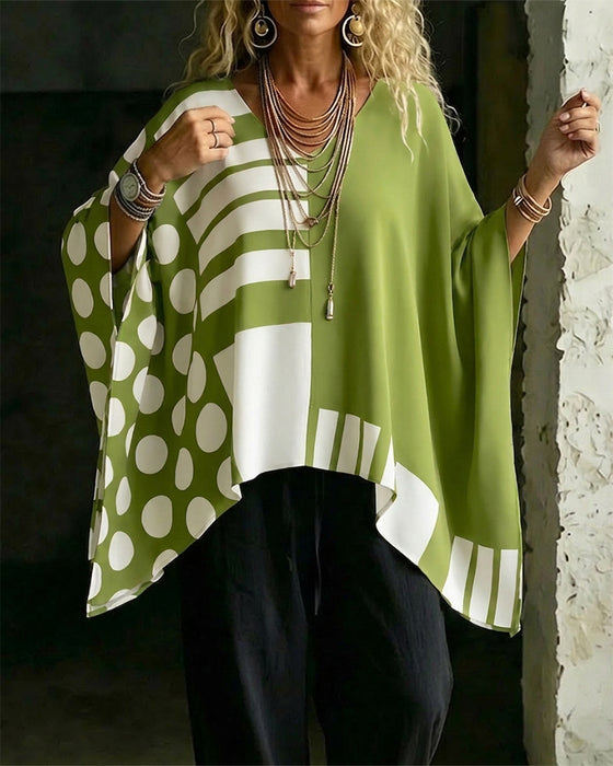 Blouse Polka Dot Rayure Patchwork V Encollure