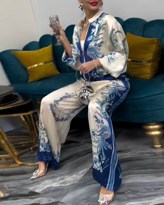 Costume à Pantalon Large Tempérament Col Montant Fermeture Éclair