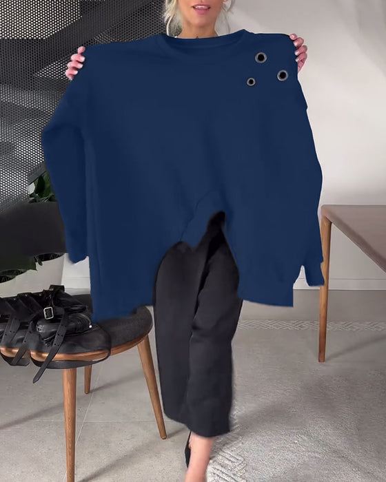 Sweat-shirt décontracté à col rond et fente de couleur unie