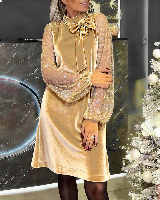 Robe Élégante À Manches Ballon Et Patchwork