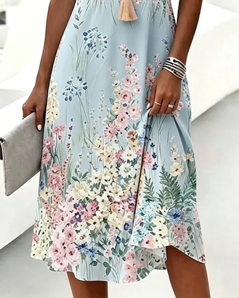 Robe Col V Florale Manche Courte A-Ligne