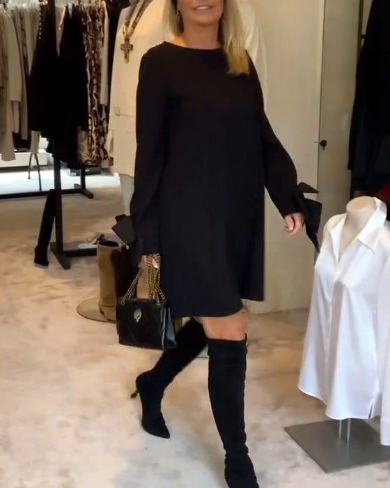 Robe Élégant Col Rond Manche Nœud