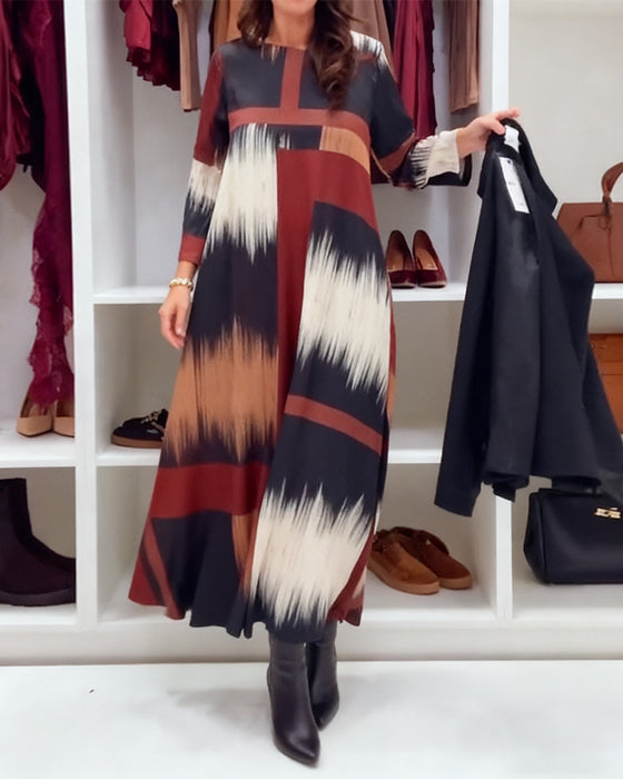 Robe Tendance Imprimée À Col Rond Et Manches Longues