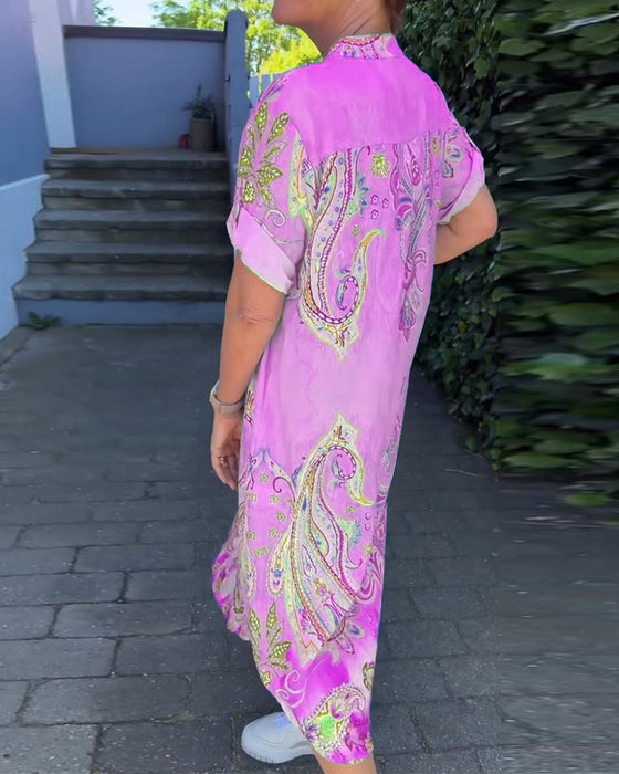 Robe imprimée à col en V et manches repliées
