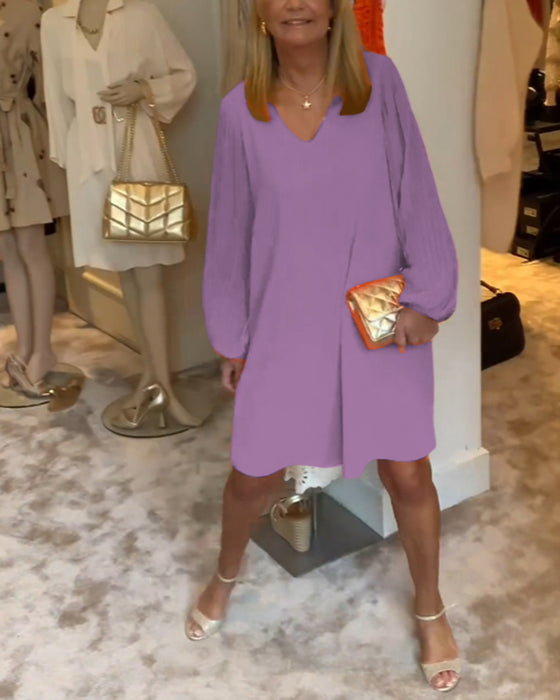 Robe col en V à manches lanternes de couleur unie