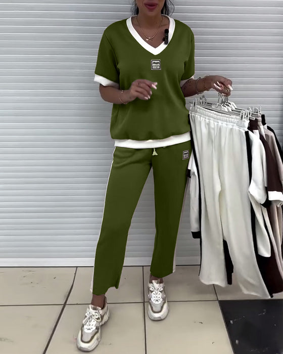 Costume Décontracté Col En V Couleur Contrastée Sport