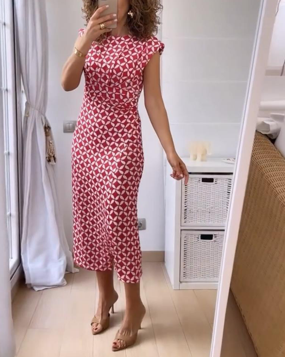 Robe élégante sans manches à col rond et imprimé géométrique