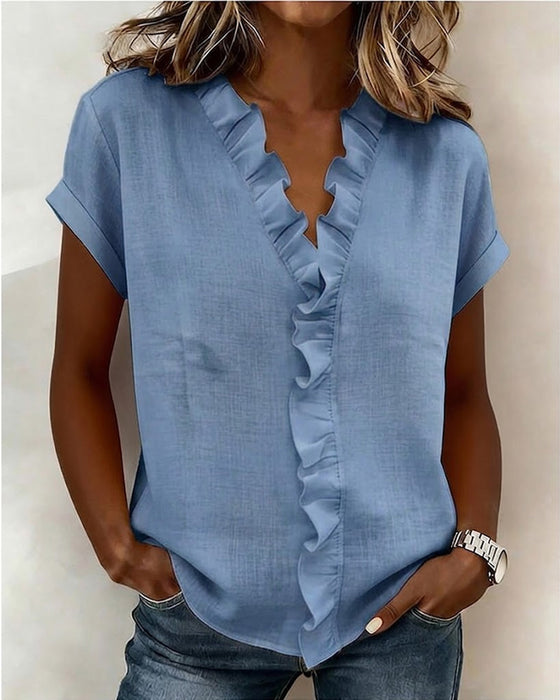 Blouse À Manches Courtes En Pur Coton Avec Col À Volants