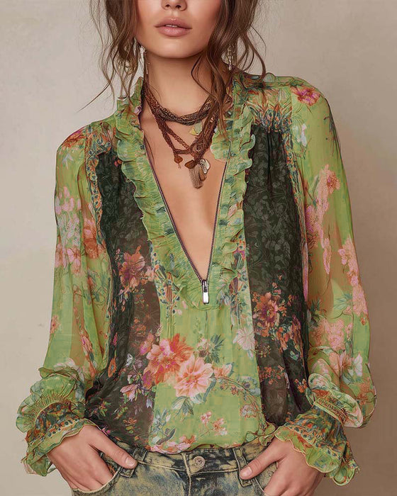 Demi-Zip Imprimé Fleuri Blouse