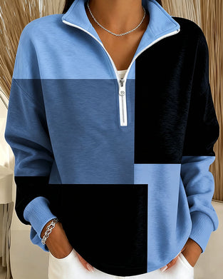 Sweatshirt À Carreaux Bloc-Couleur Fermeture Éclair Col-Debout