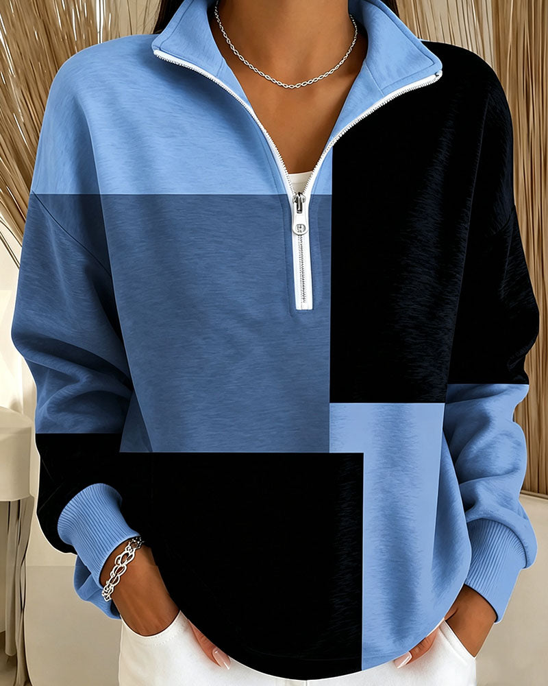 Sweatshirt À Carreaux Bloc-Couleur Fermeture Éclair Col-Debout