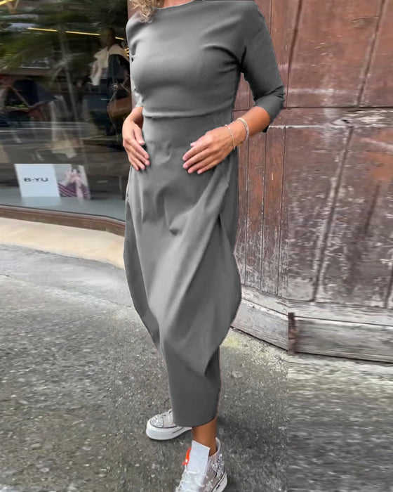 Robe élégante simple à manches longues avec poche de couleur unie