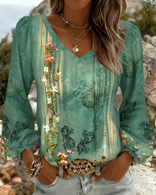 Blouse Fleurie Col V Manches Bouffantes