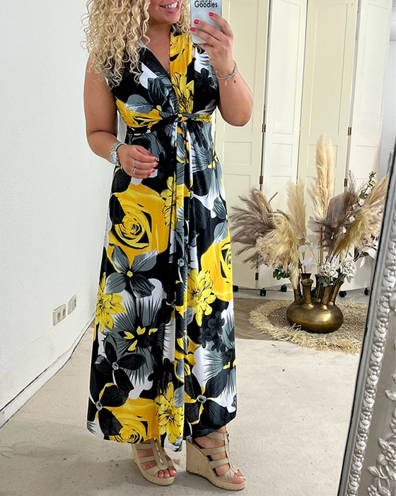 Robe élégante plissée sans manches à imprimé floral