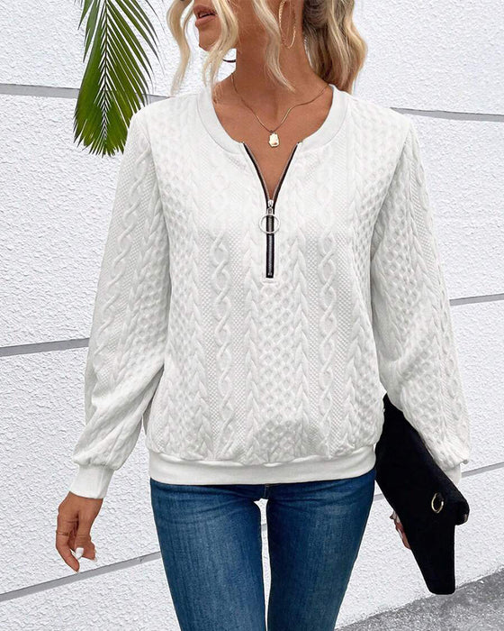 Sweat-shirt décontracté à manches longues et fermeture éclair de couleur unie