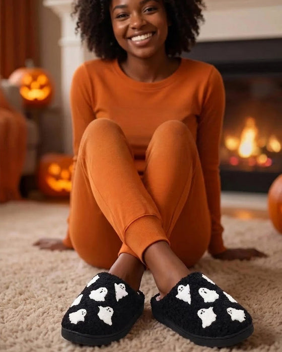 Chaussons En Peluche Pour Femmes à Motif Fantôme Cartoon Mignon