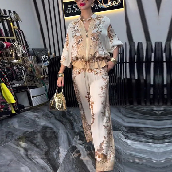 Costume à Pantalon Large Tempérament Col Montant Fermeture Éclair