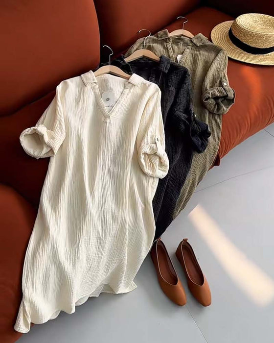 Robe Manches Longues Unie Simple Col Revers