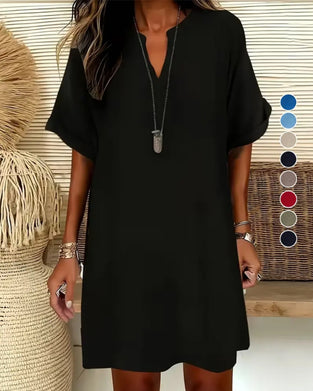 Robe Col En V Manches Courtes Unie Fourreau