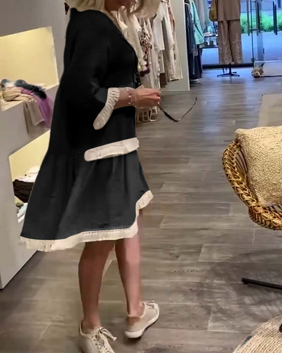 Robe décontractée à franges et col en V en dentelle