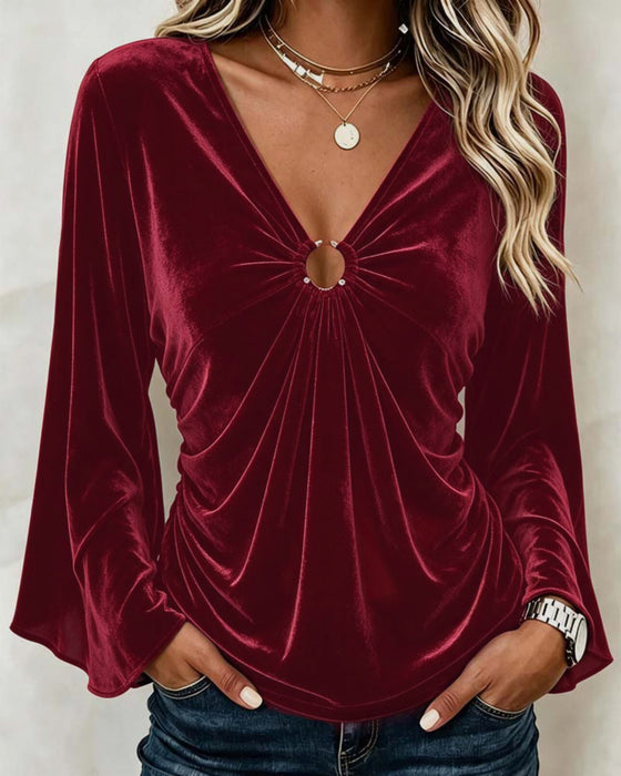 Blouse Velours Col En V O-Ring Twist Manche Cloche