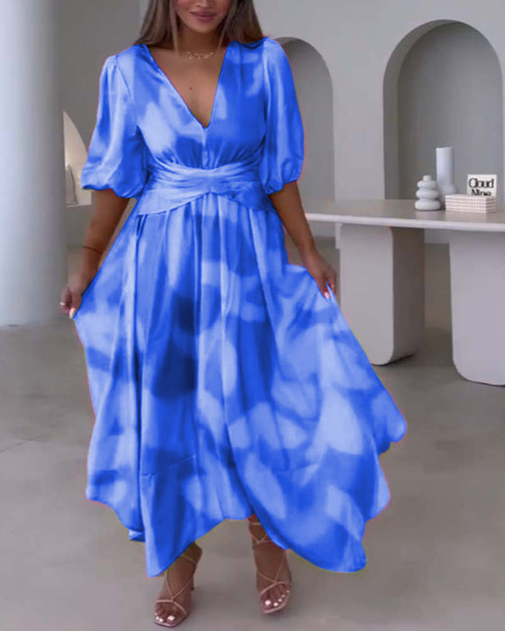 Robe élégante imprimée à manches mi-longues et décolleté en V