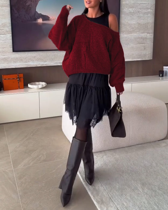 Décolleté Épaules Nues Loose Pull & Ourlet Dentelle Robe