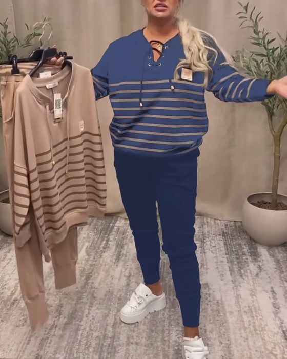 Ensemble Deux Pièces Décontracté Pantalon De Sport Rayé À La Cheville