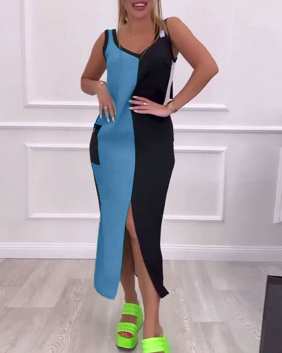 Robe à la mode avec fente de couleur contrastée