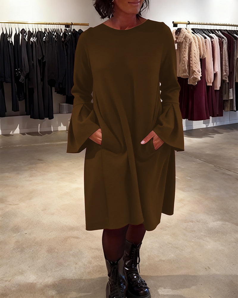 Robe Uni Manche Évasée Froncé