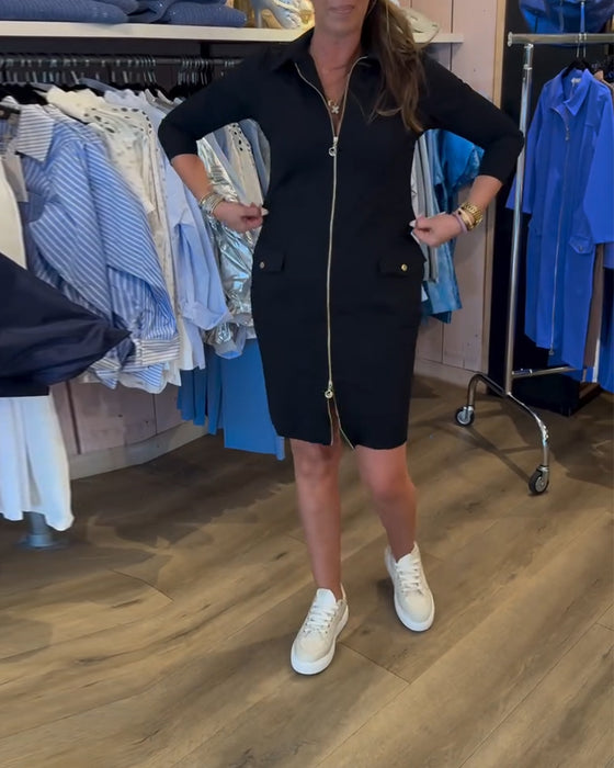 Robe Col Unie Fermeture Éclair Manches Longues