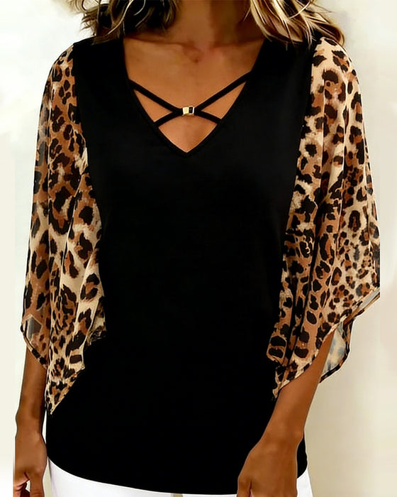 Blouse Manche Chauve-Souris Imprimé Léopard Patchwork