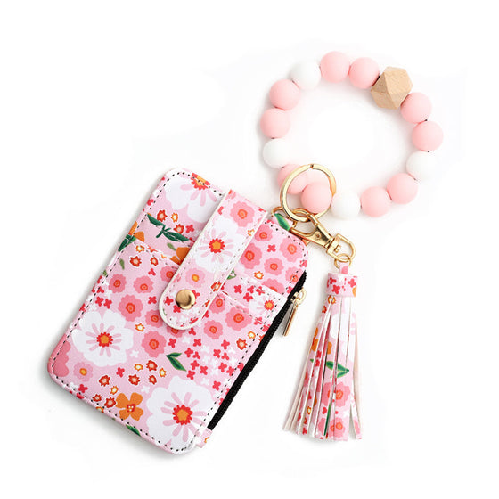 Petit Porte-Monnaie En Cuir Floral Avec Porte-Clés Et Bracelet