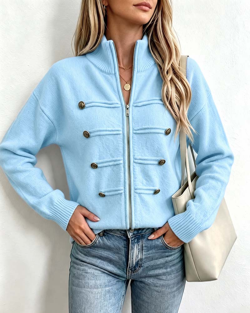 Cardigan Col Mandarin Mode Fermeture Éclair Tricoté
