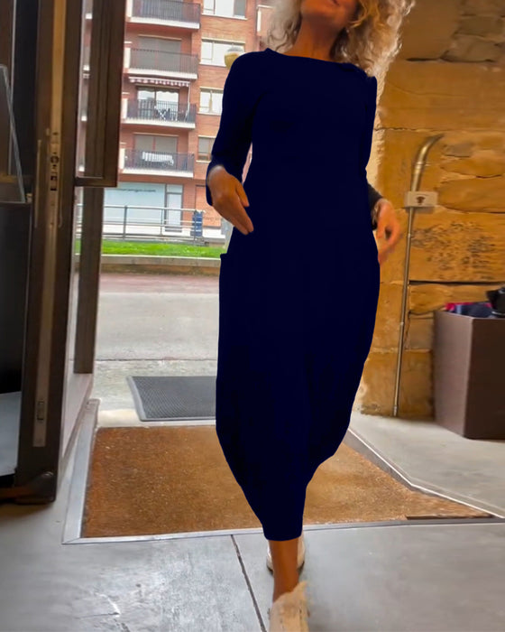 Robe unie à col rond, manches longues et poche