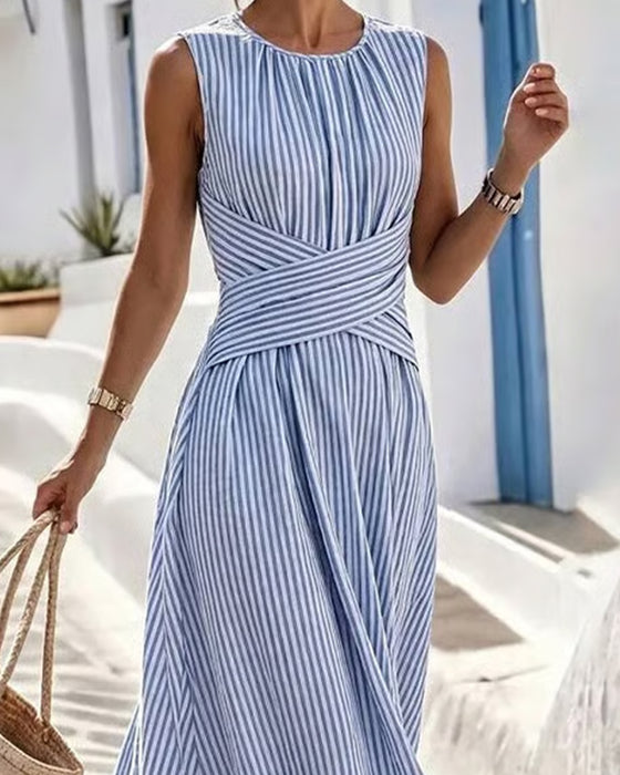 Robe Rayure Twist Taille Sans Manches Maxi