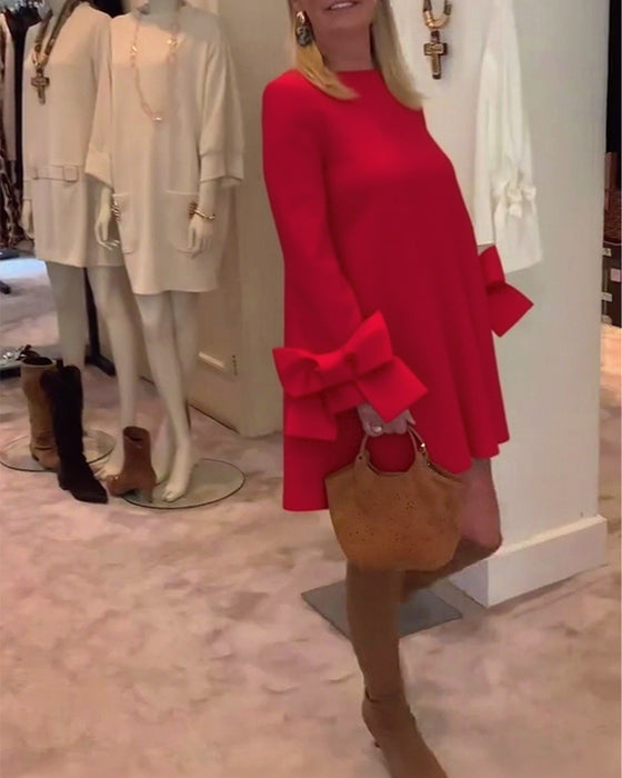 Robe Élégant Col Rond Manche Nœud