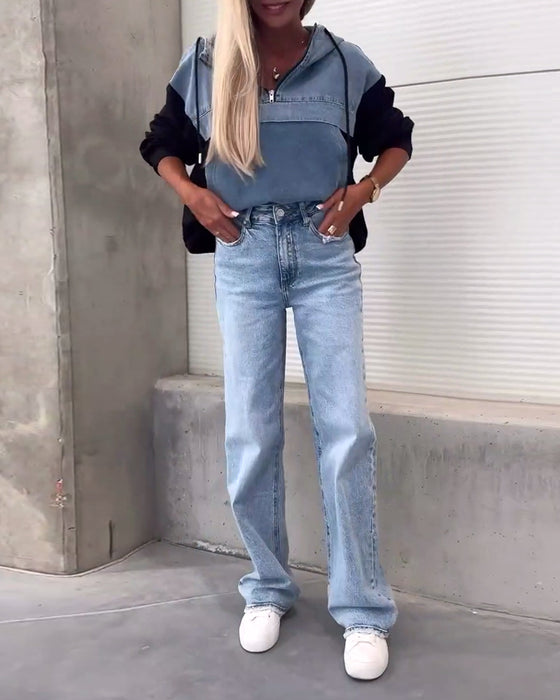 Sweat à capuche zippé en patchwork de denim décontracté