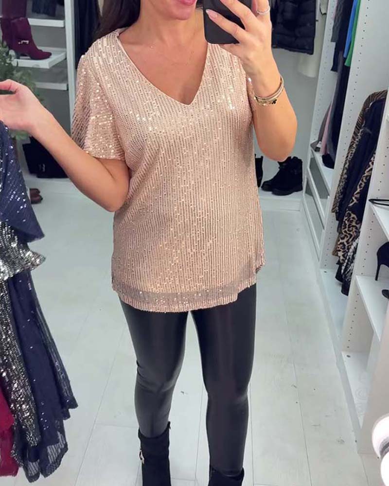 Blouse À Col V Et Manches Courtes