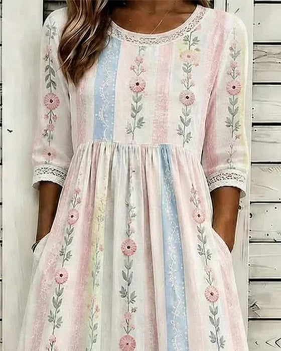 Robe Fleurie Rayée Bloc De Couleur Coupe A