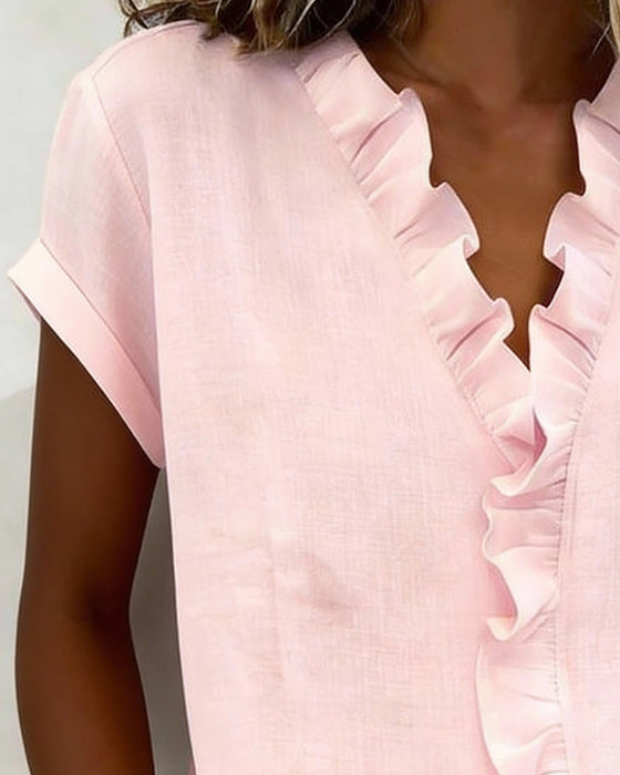 Blouse À Manches Courtes En Pur Coton Avec Col À Volants