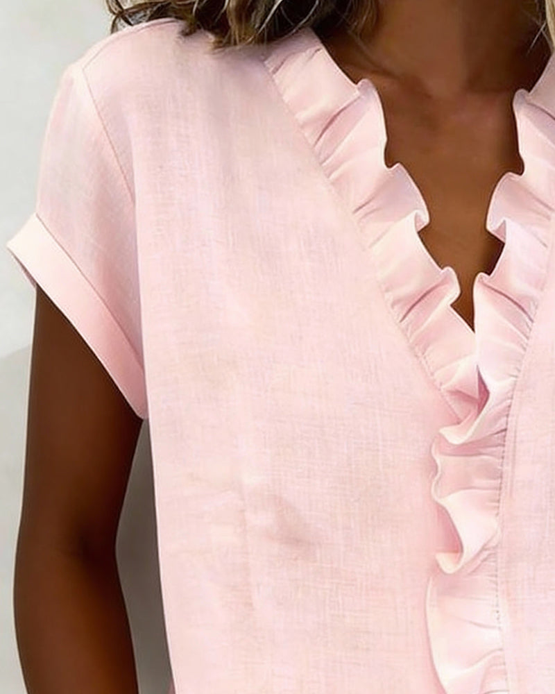 Blouse À Manches Courtes En Pur Coton Avec Col À Volants