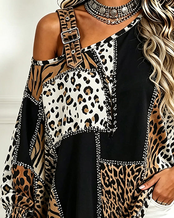 Blouse Léopard Imprimé Patchwork Col Asymétrique Manches Longues