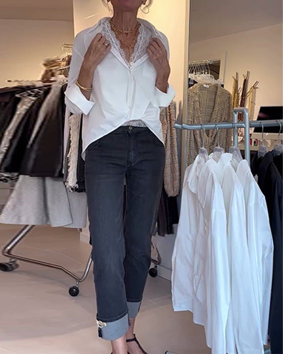 Chemise Et Dentelle Ensemble Sous-vêtement Revers Uni Manches Longues