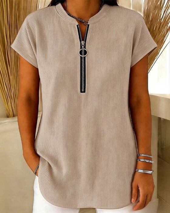 Blouse Unie Manche Courte Fermeture Éclair