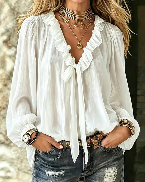 Blouse Col Volant Attache Manche Longue